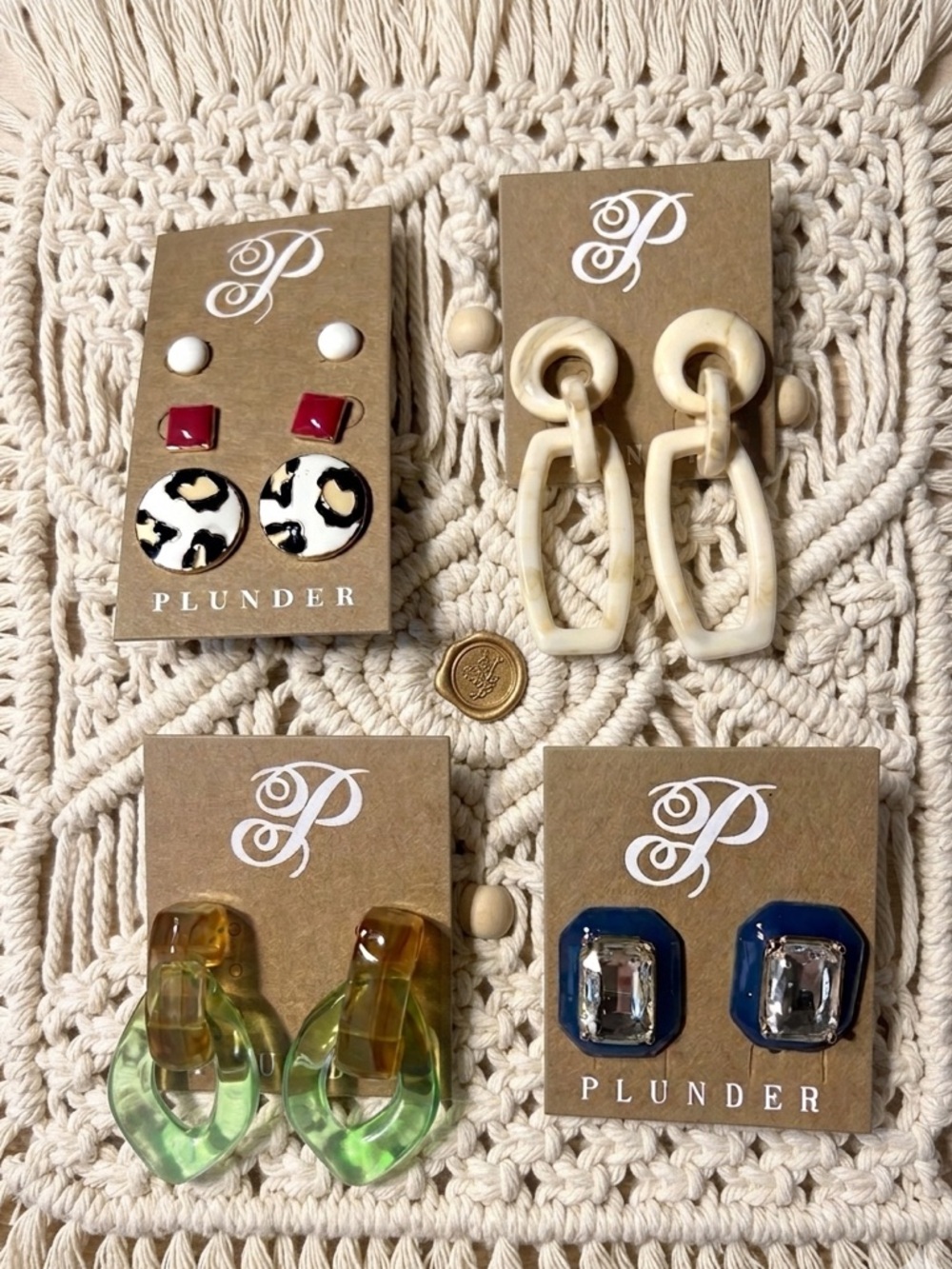 4 Piece Plunder Design Earring Set - Cream, Green, Navy, Multi